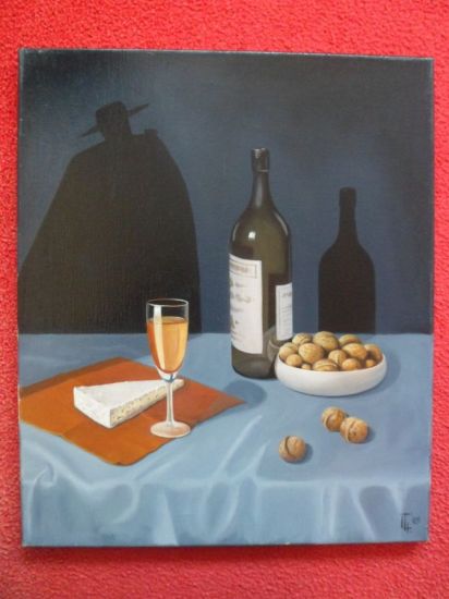 Verkocht.Tiel.Theo van Tiel.Stilleven met sherry, kaas en noten.